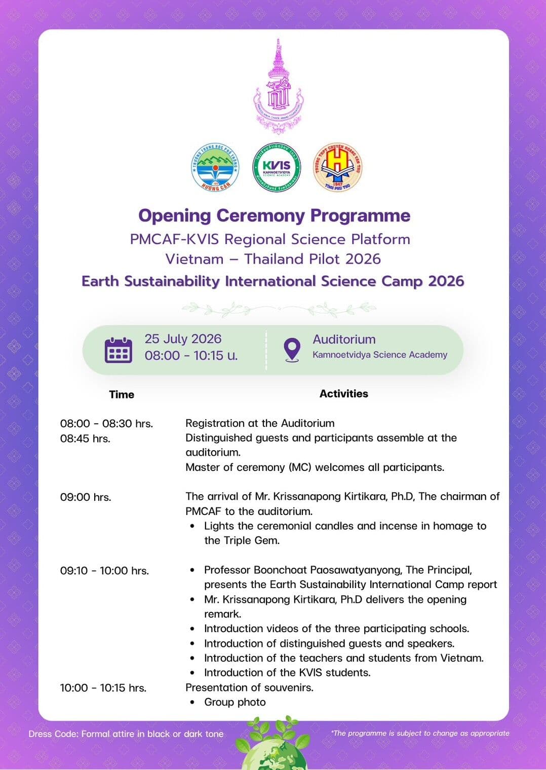 Opening Ceremony Programme PMCAF-KVIS Regional Science Platform Vietnam – Thailand Pilot 2026